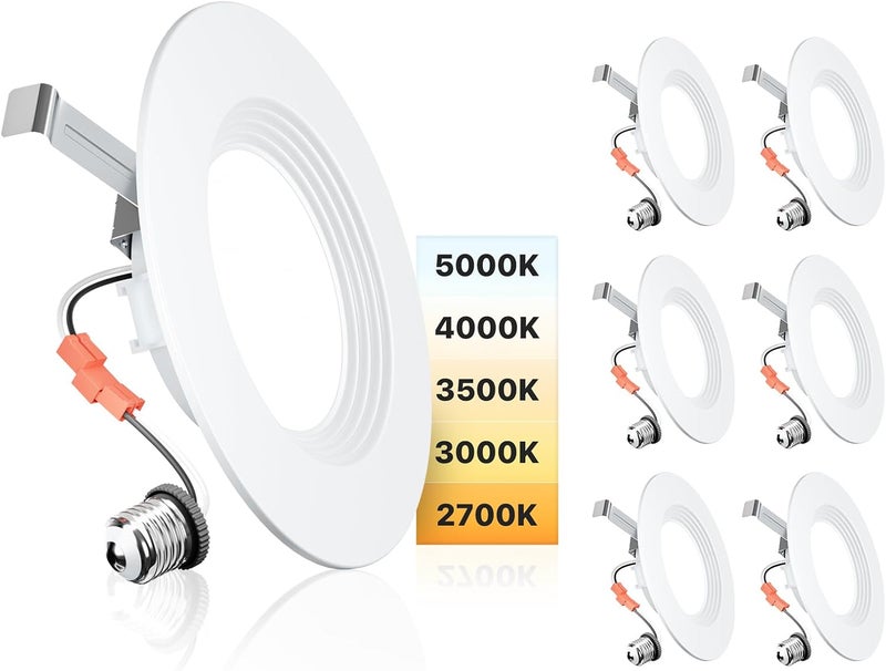Ensenior 5/6 Inch 5CCT LED Can Lights 6 Pack, Retrofit Led Recessed Lighting, Baffle Trim, Dimmable, 9W=110W, 1000LM, 2700K/3000K/3500K/4000K/5000K Selectable, IC Rated - FCC Certified - Image 1